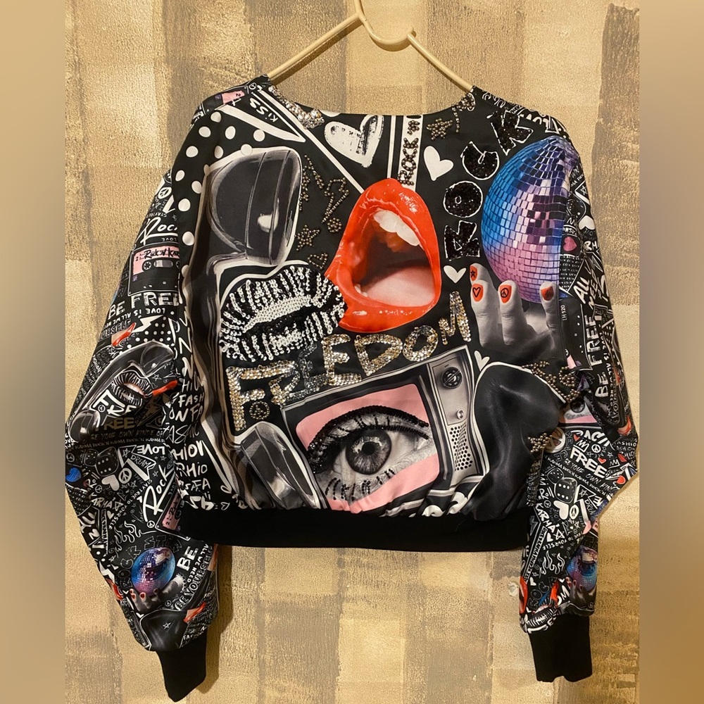 ROCK N KARMA “I Love Retro” Hand-Beaded Zip Bomber Jacket (M, BNWT) Couture